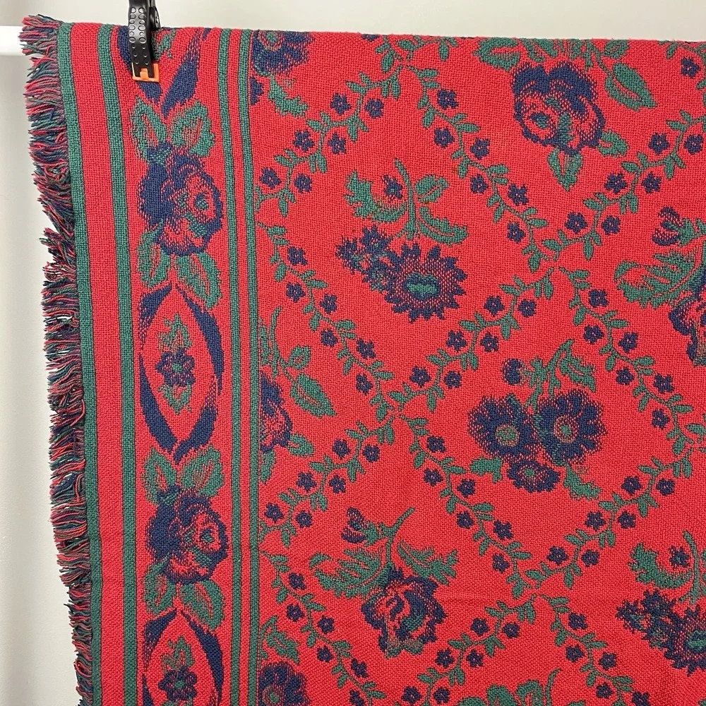 Vintage 90s Floral Tapestry Fringed Throw Blanket Grandma Cottagecore Boho 50x66
